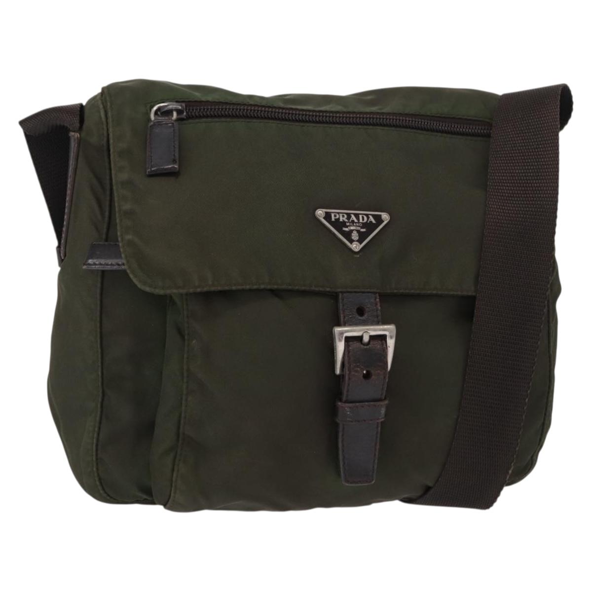 PRADA Shoulder Bag Nylon Khaki Silver Auth 154526