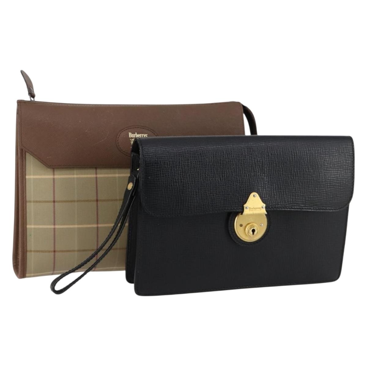 Burberrys Nova Check Clutch Bag Canvas Leather 2 Set Black Beige Auth 154538