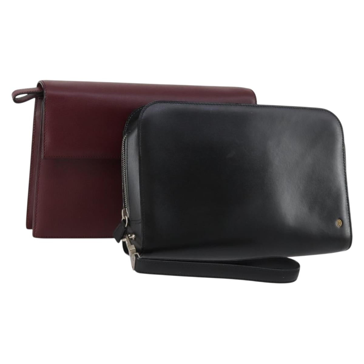 CARTIER Clutch Bag Leather 2 Set Bordeaux Black Auth 154541