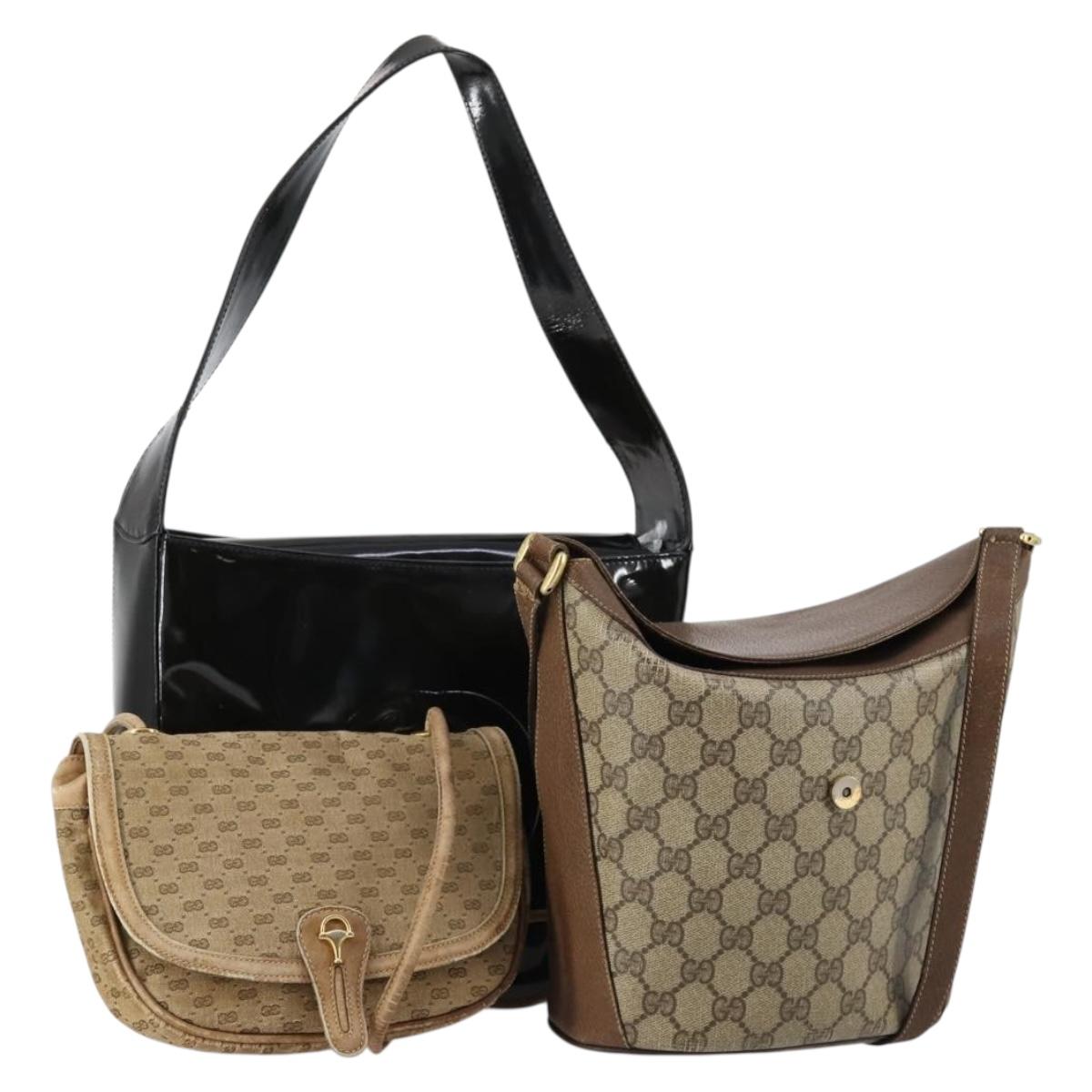 GUCCI GG Supreme Shoulder Bag patent 3 Set Beige Black Auth 154545