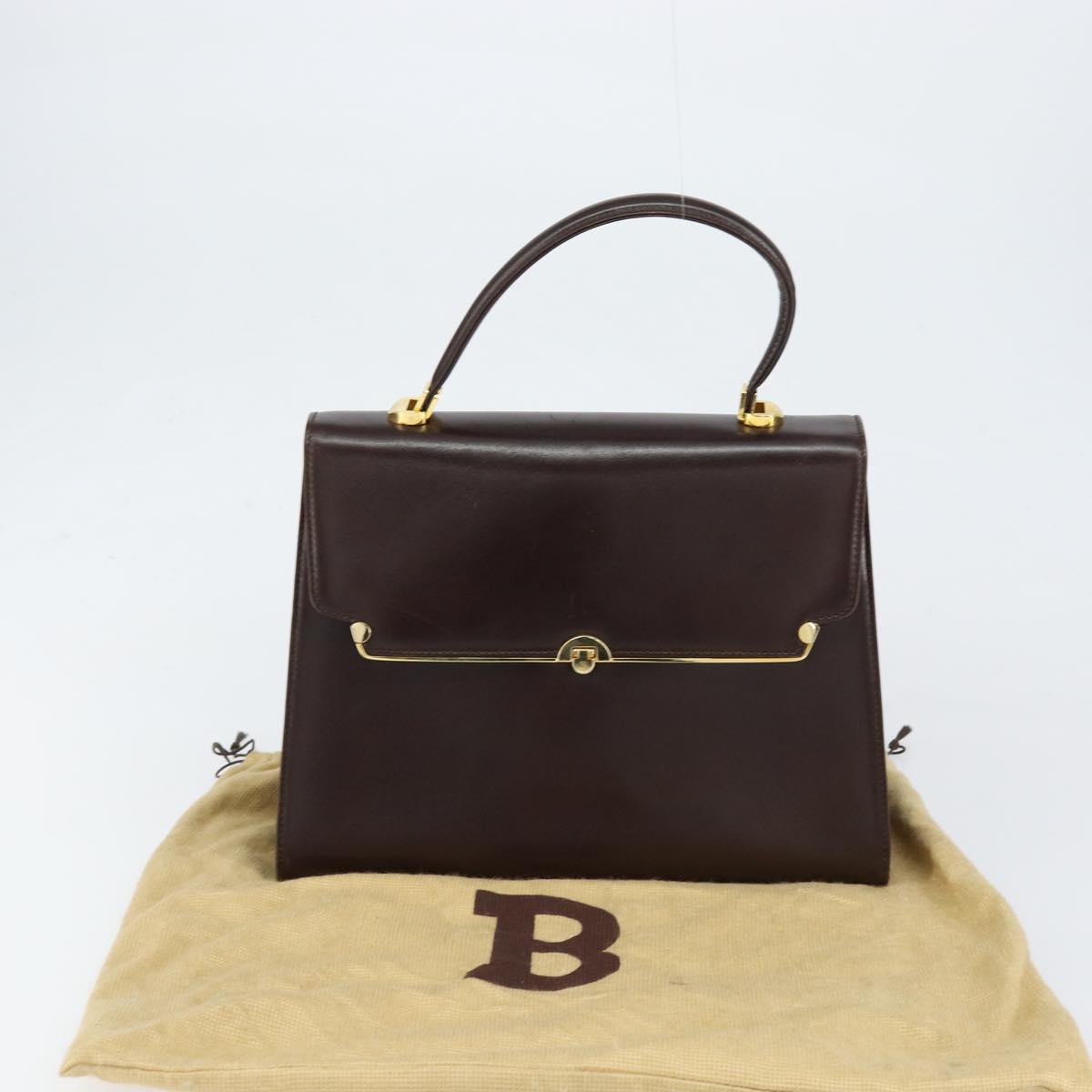 BALLY Hand Bag Leather Brown Gold Auth 154579