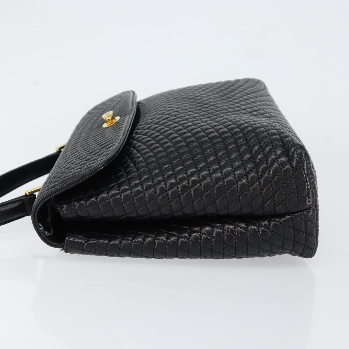 BALLY Quilted Hand Bag Leather Black gold Auth 154581