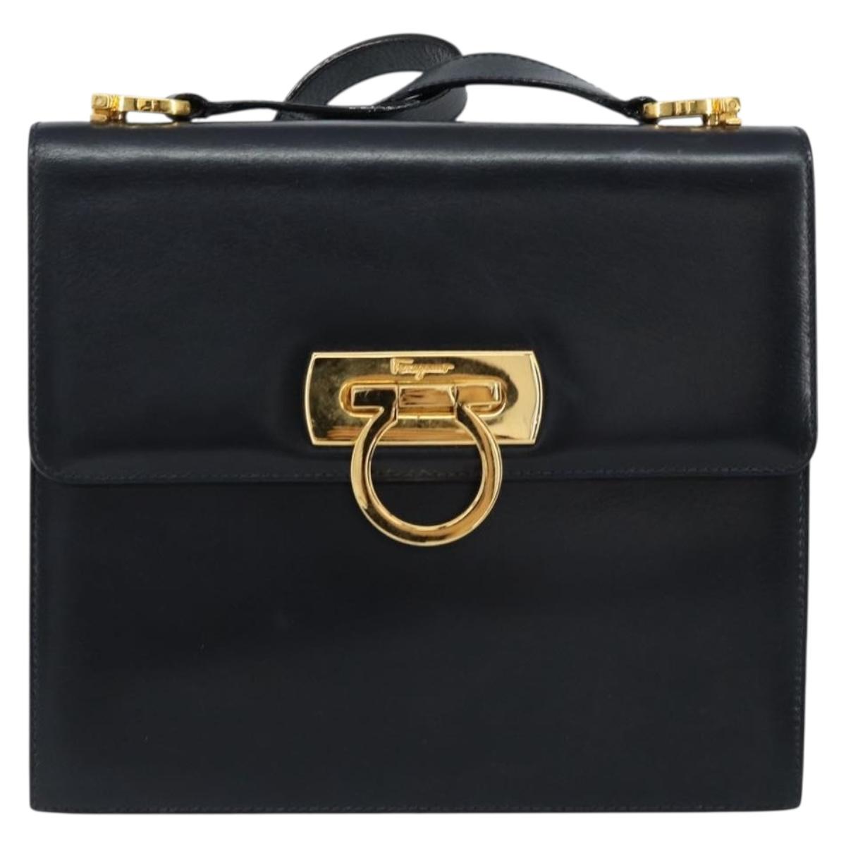Salvatore Ferragamo Gancini Shoulder Bag Leather Navy Gold Auth 154591