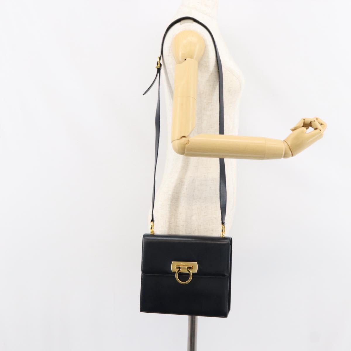 Salvatore Ferragamo Gancini Shoulder Bag Leather Navy Gold Auth 154591