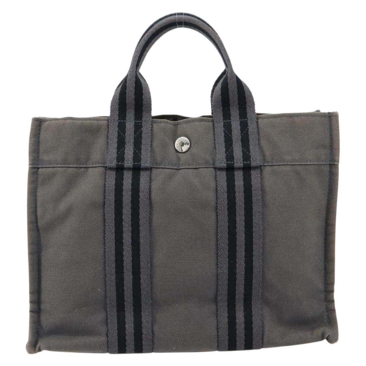 HERMES Fourre ToutPM Hand Bag Canvas Gray Silver Auth 154596