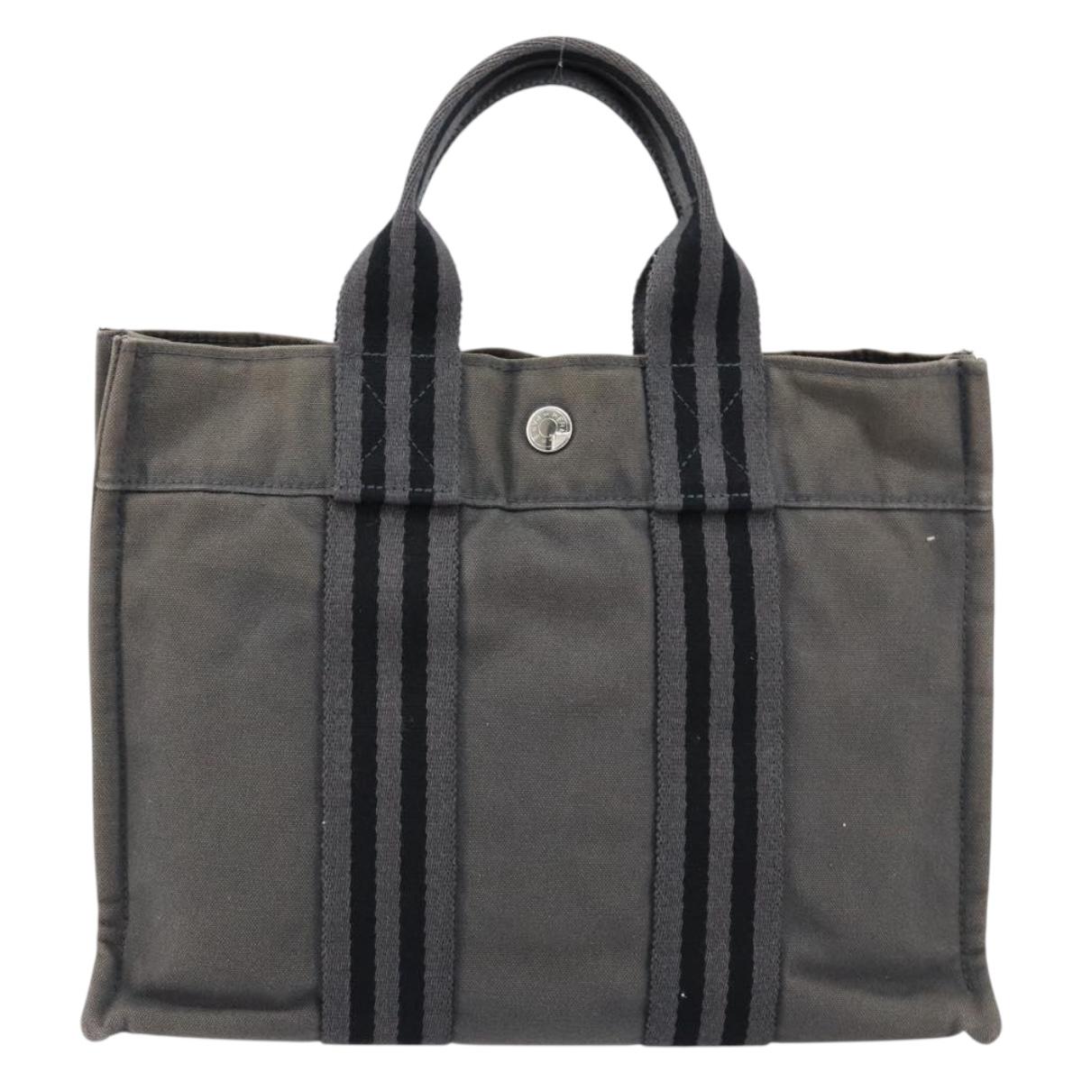 HERMES Fourre ToutPM Hand Bag Canvas Gray Silver Auth 154596