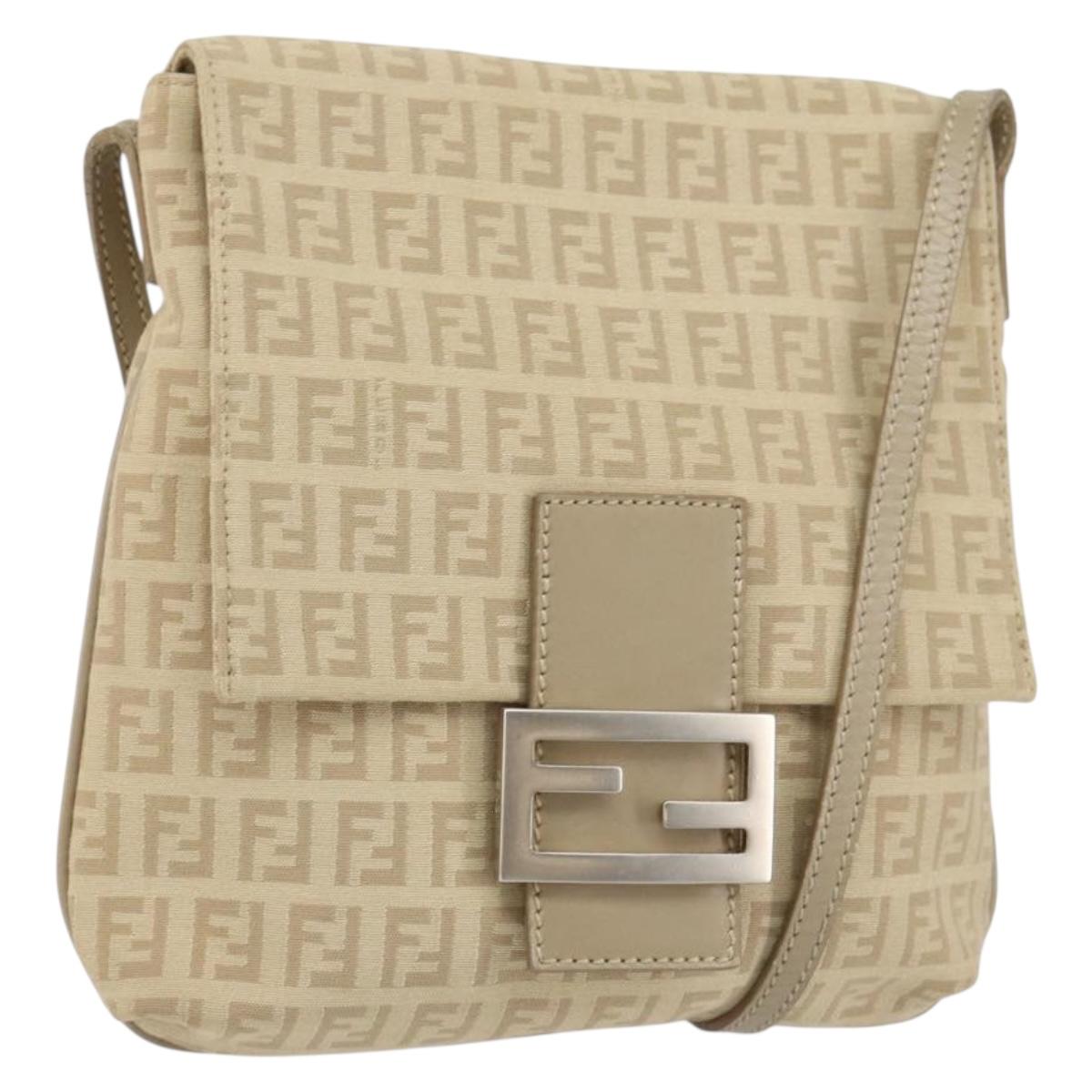 FENDI Zucchino Canvas Shoulder Bag Beige Silver Auth 154619