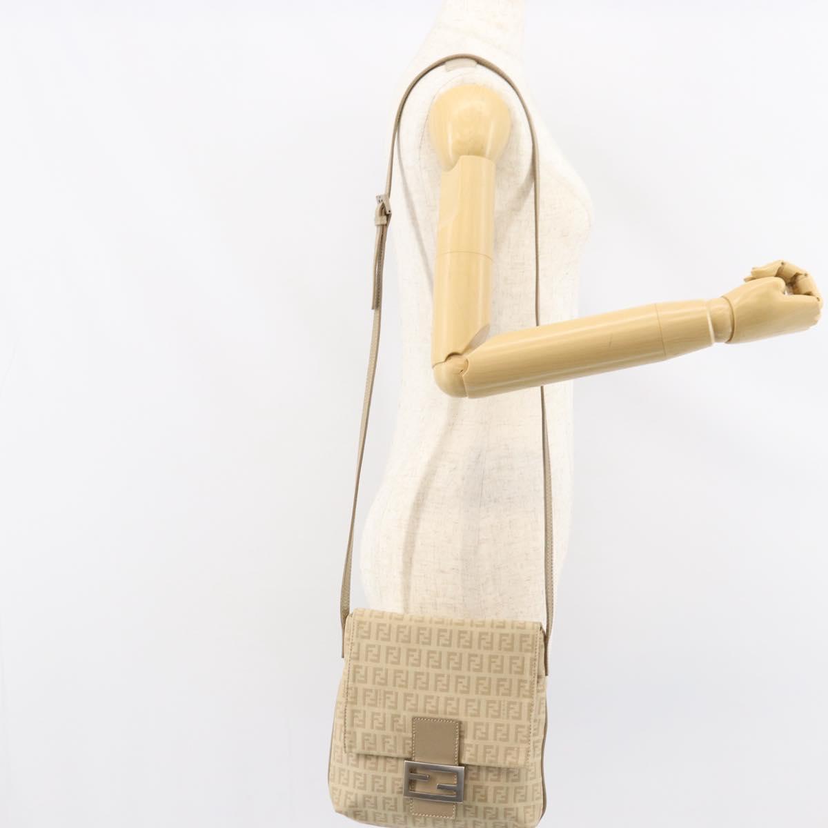 FENDI Zucchino Canvas Shoulder Bag Beige Silver Auth 154619