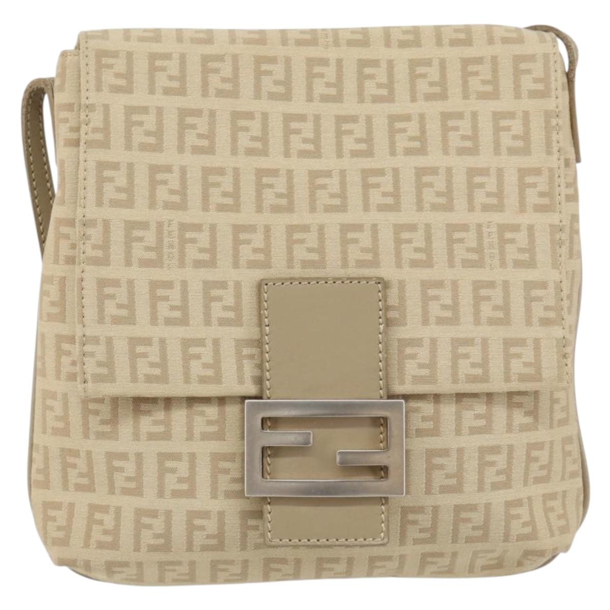 FENDI Zucchino Canvas Shoulder Bag Beige Silver Auth 154619