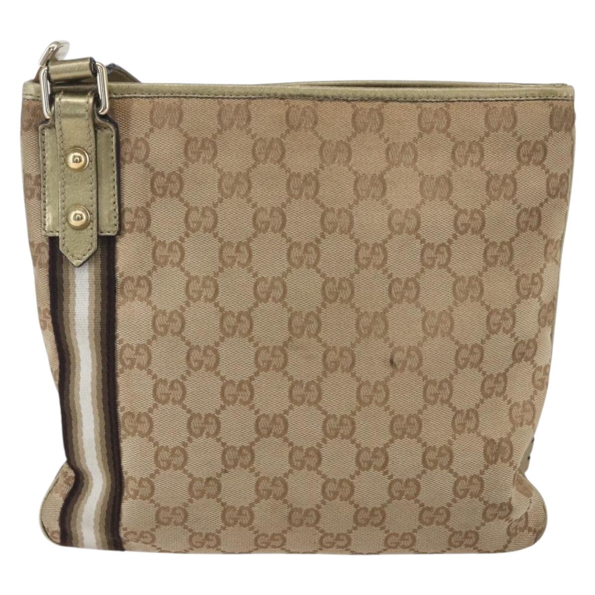 GUCCI GG Canvas Sherry Line Shoulder Bag Beige Gold 144388 Auth 154650