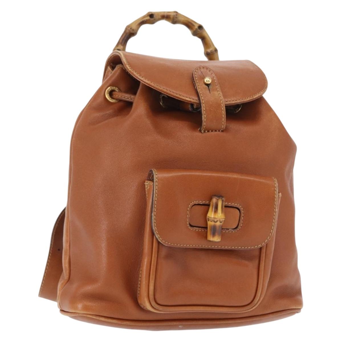 GUCCI Bamboo Backpack Leather Brown Gold Auth 154653