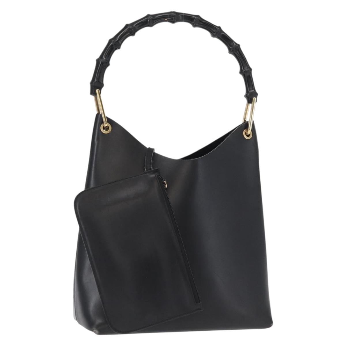GUCCI Bamboo Shoulder Bag Leather Black Gold 001 1553 1880 Auth 154657