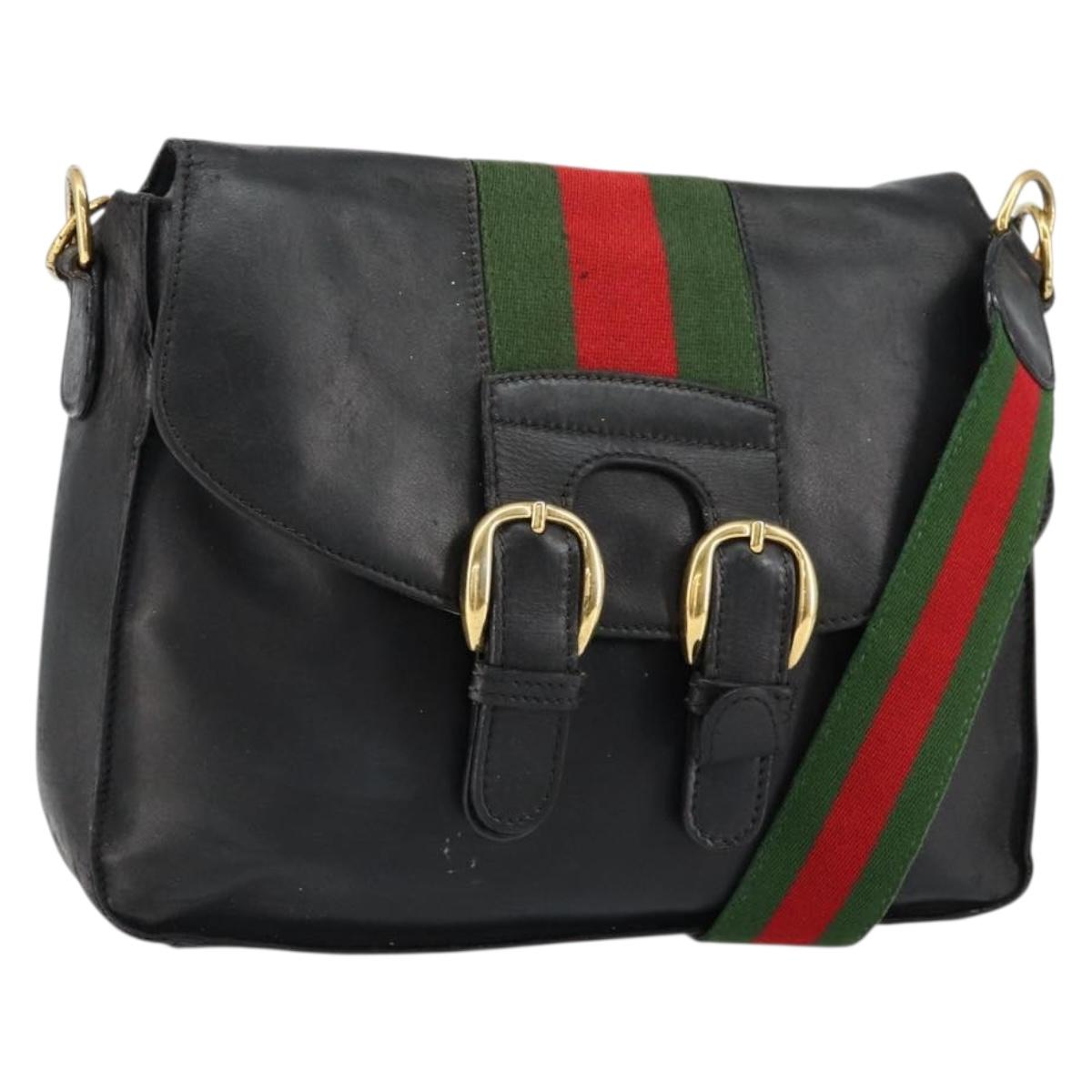 GUCCI Web Sherry Line Shoulder Bag Leather Black Gold Red Auth 154664
