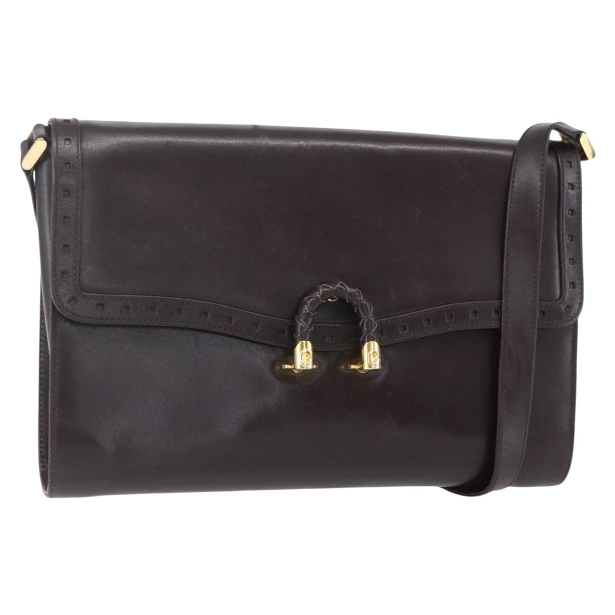 GUCCI Shoulder Bag Leather Brown Gold Auth 154665