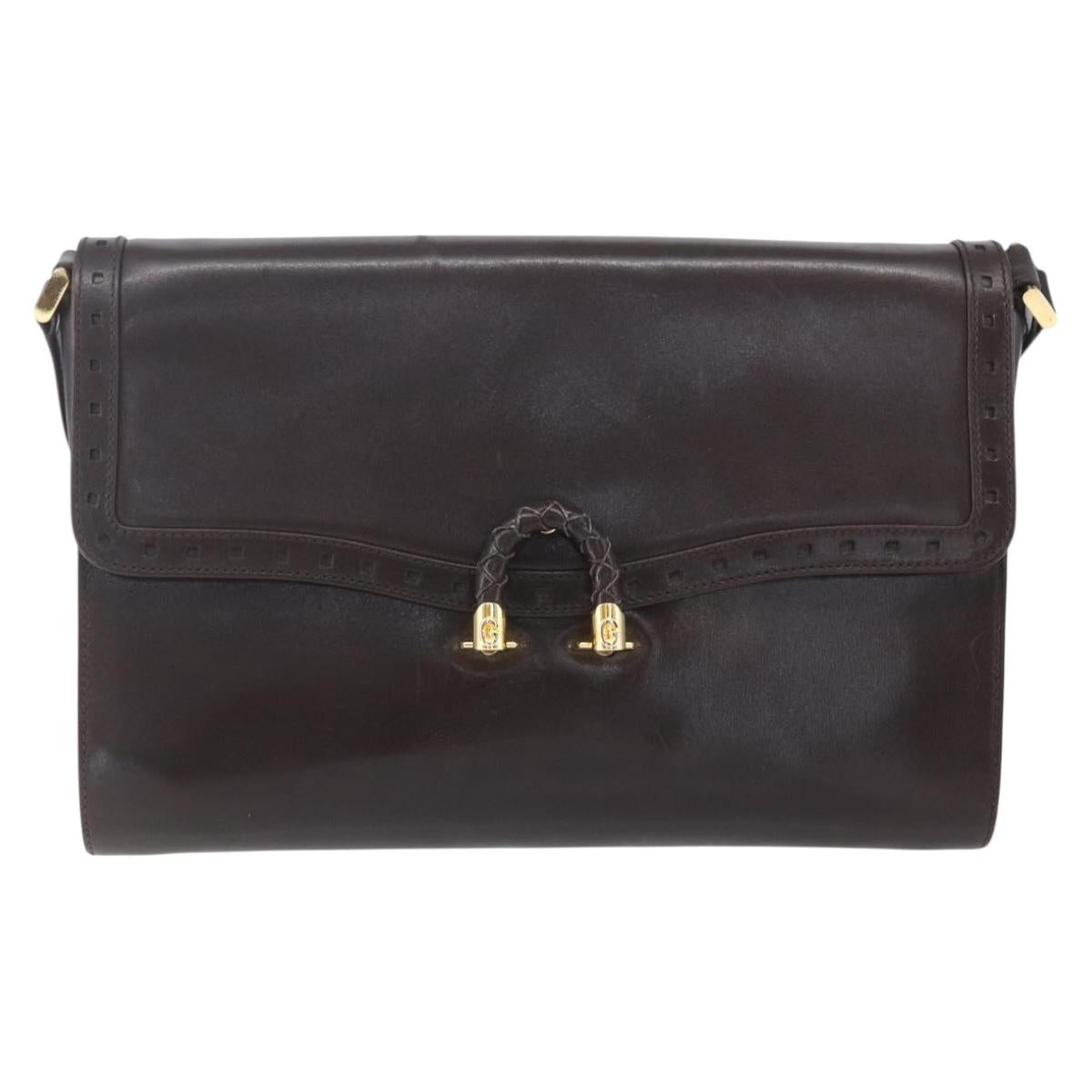 GUCCI Shoulder Bag Leather Brown Gold Auth 154665