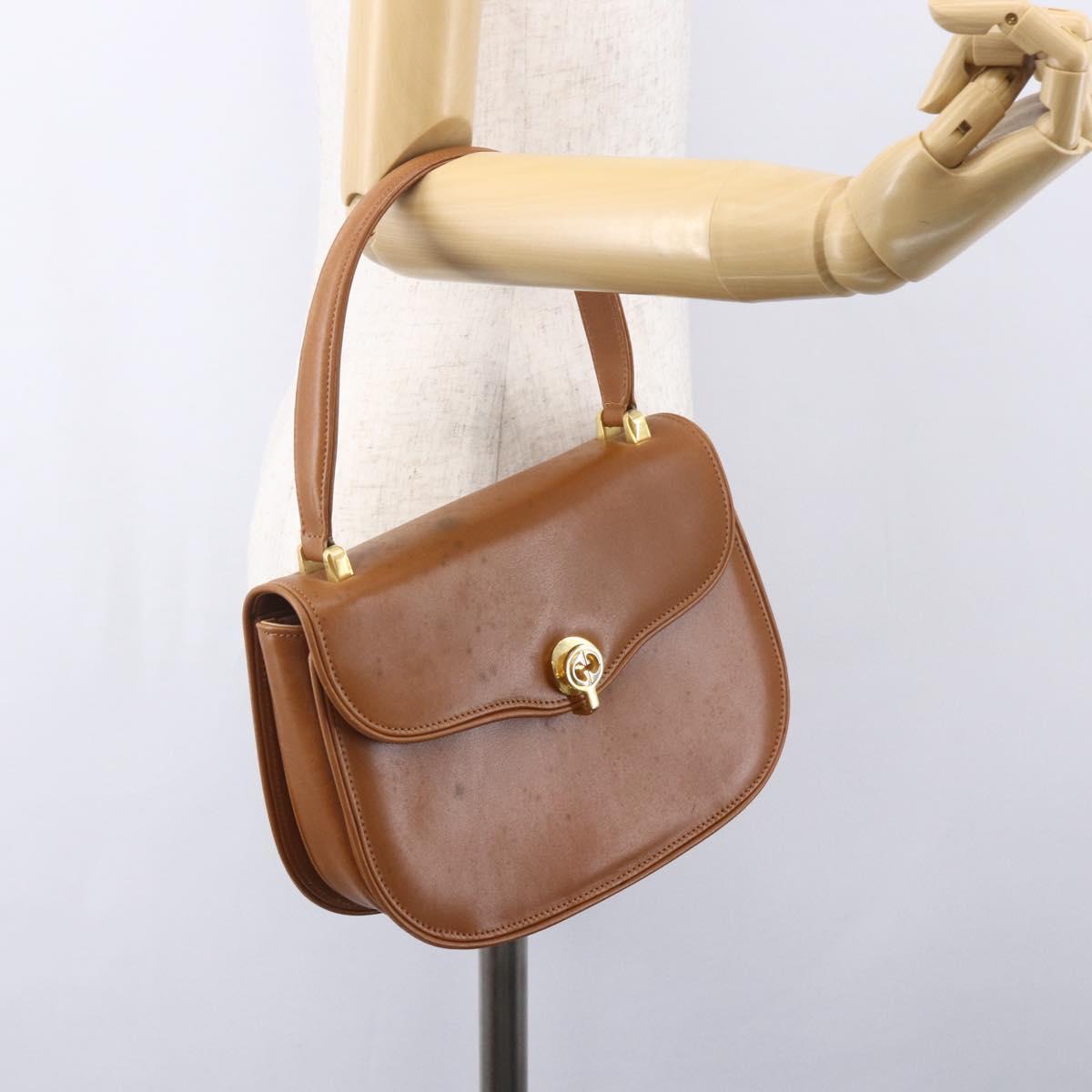 GUCCI Hand Bag Leather Brown Gold Auth 154667