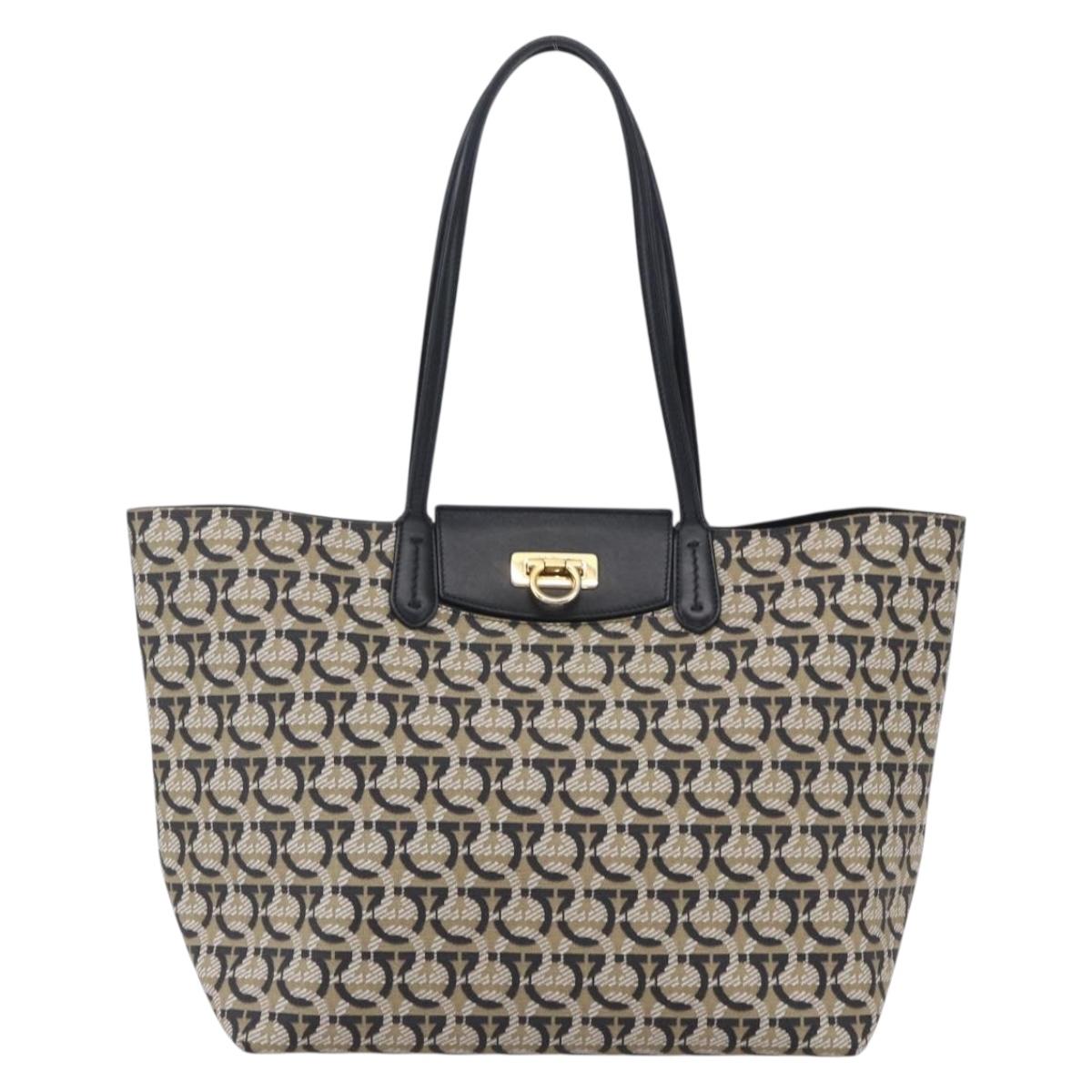 Salvatore Ferragamo Gancini Tote Bag Canvas Navy Gold Auth 154673