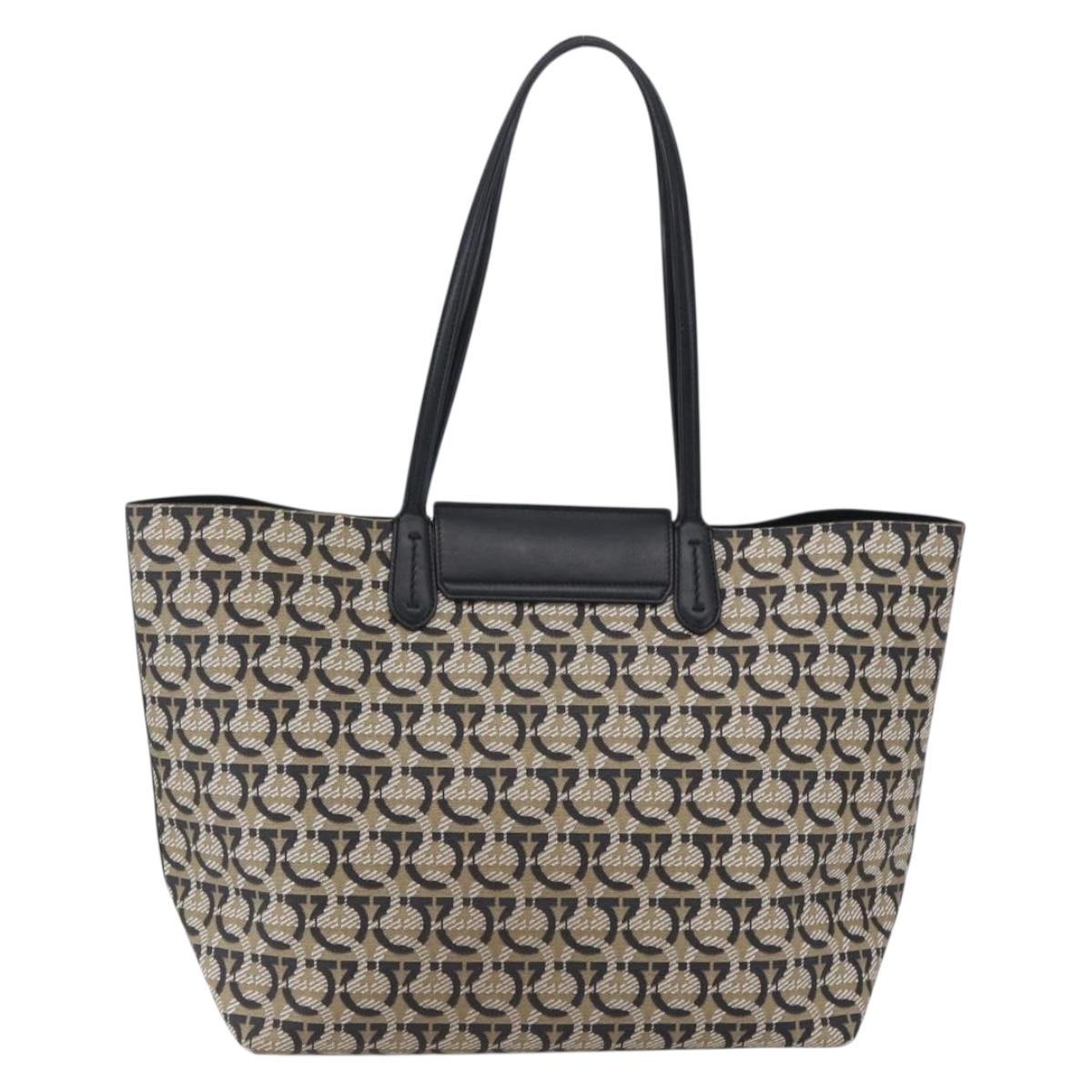Salvatore Ferragamo Gancini Tote Bag Canvas Navy Gold Auth 154673
