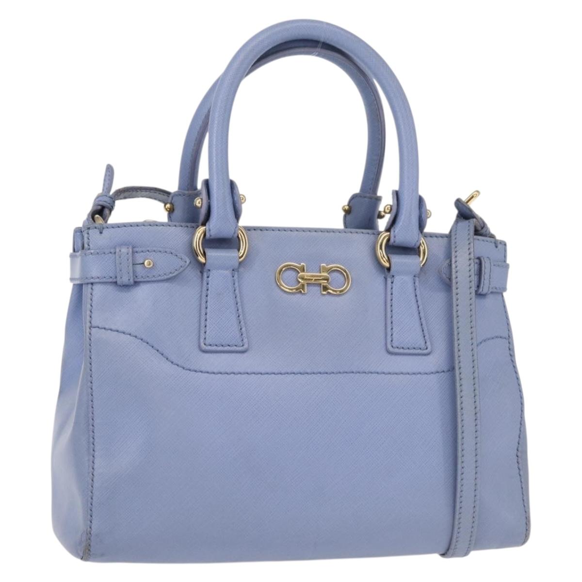 Salvatore Ferragamo Gancini Hand Bag Leather 2way Light Blue Gold Auth 154674