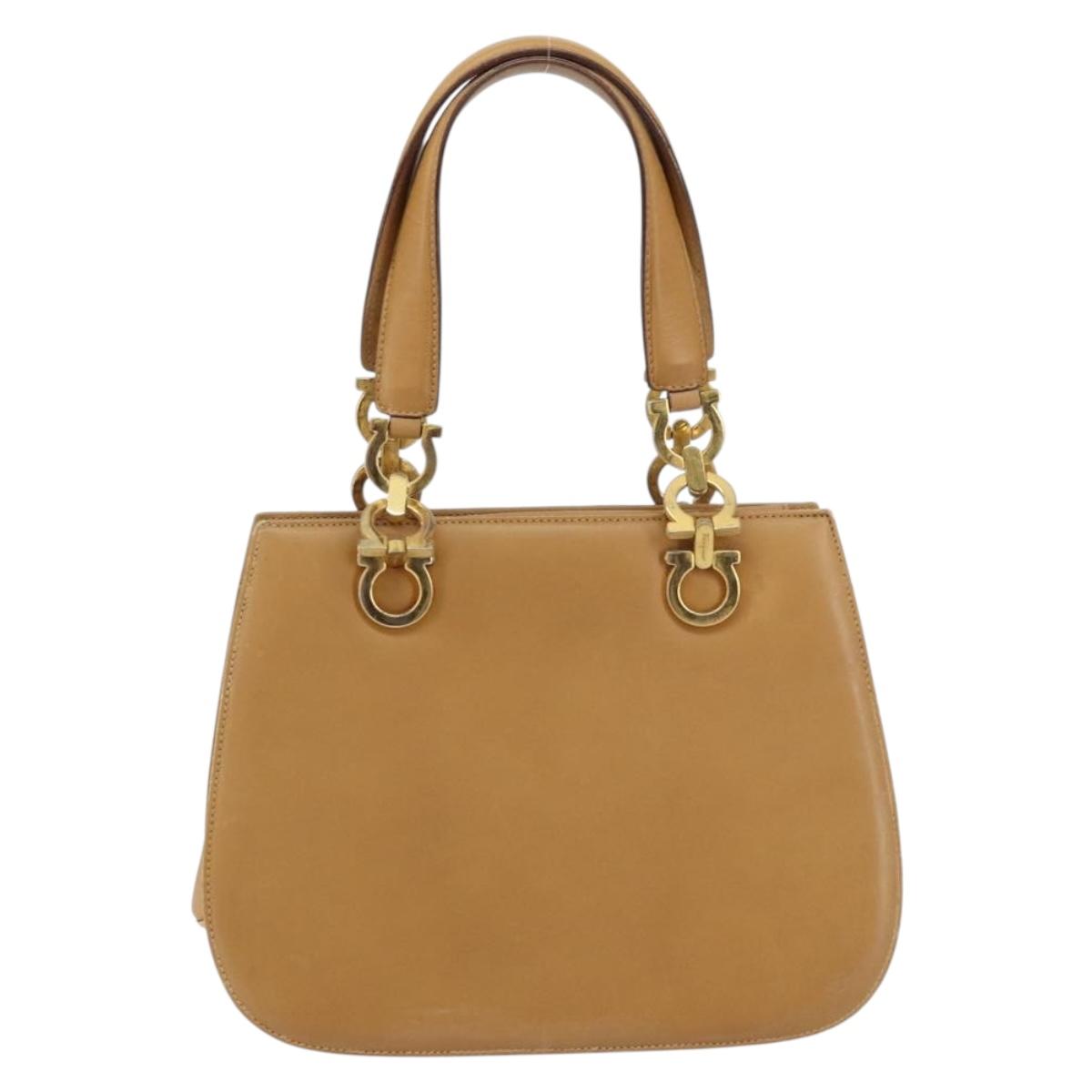 Salvatore Ferragamo Gancini Hand Bag Leather Beige Gold Auth 154675