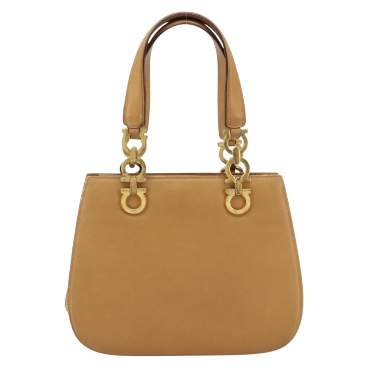 Salvatore Ferragamo Gancini Hand Bag Leather Beige Gold Auth 154675