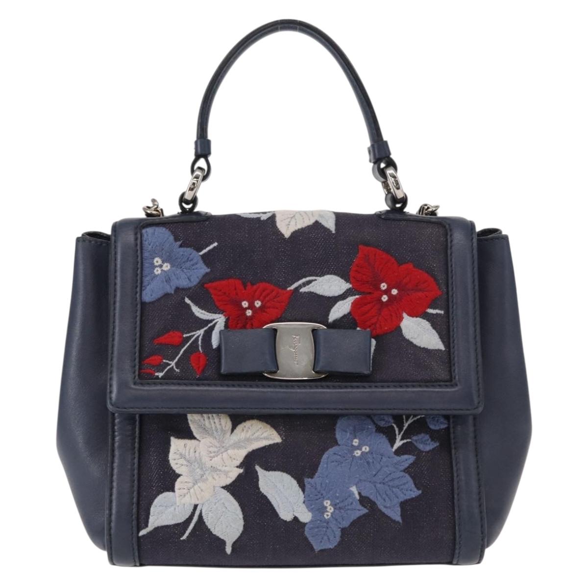 Salvatore Ferragamo Vala Hand Bag Denim 2way Navy Silver Auth 154676V