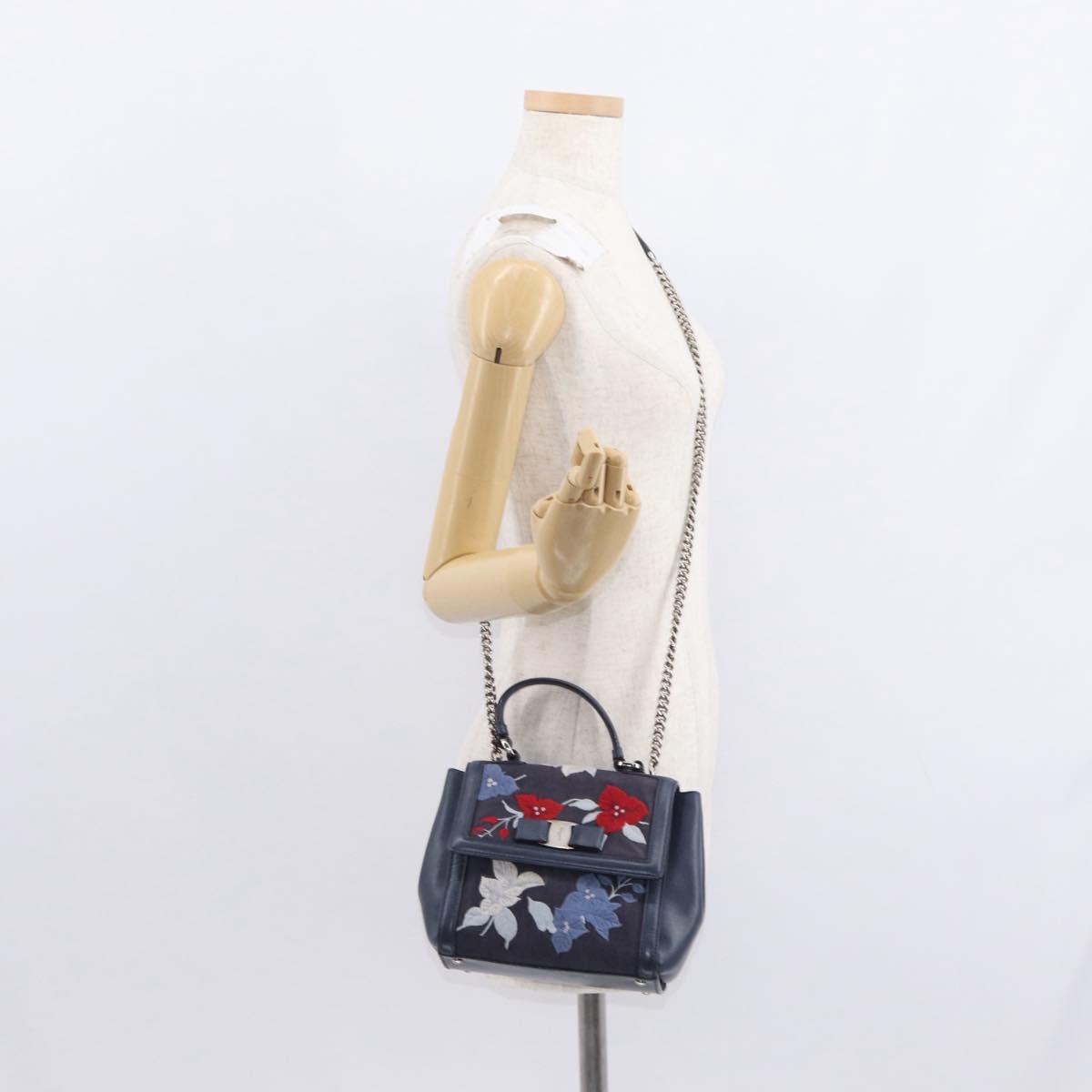 Salvatore Ferragamo Vala Hand Bag Denim 2way Navy Silver Auth 154676V