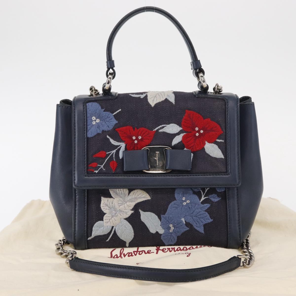 Salvatore Ferragamo Vala Hand Bag Denim 2way Navy Silver Auth 154676V