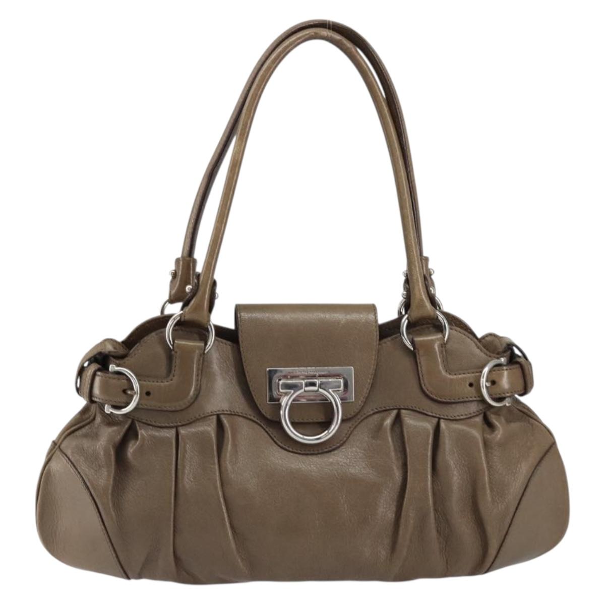 Salvatore Ferragamo Gancini Hand Bag Leather Brown Silver Auth 154678