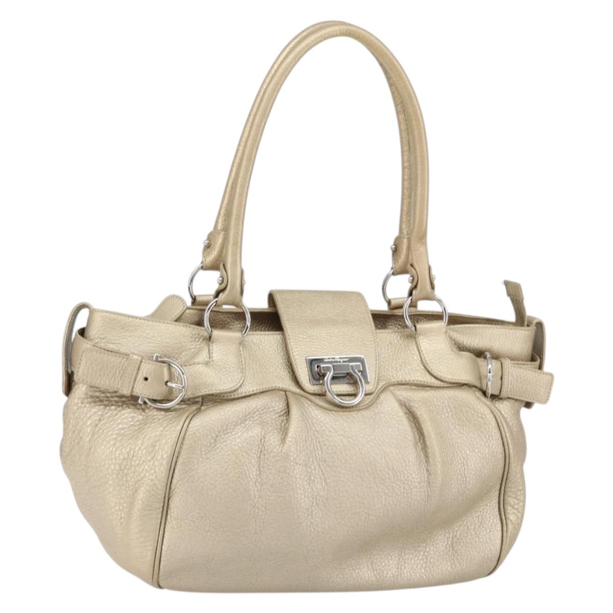 Salvatore Ferragamo Gancini Hand Bag Leather Gold Auth 154680