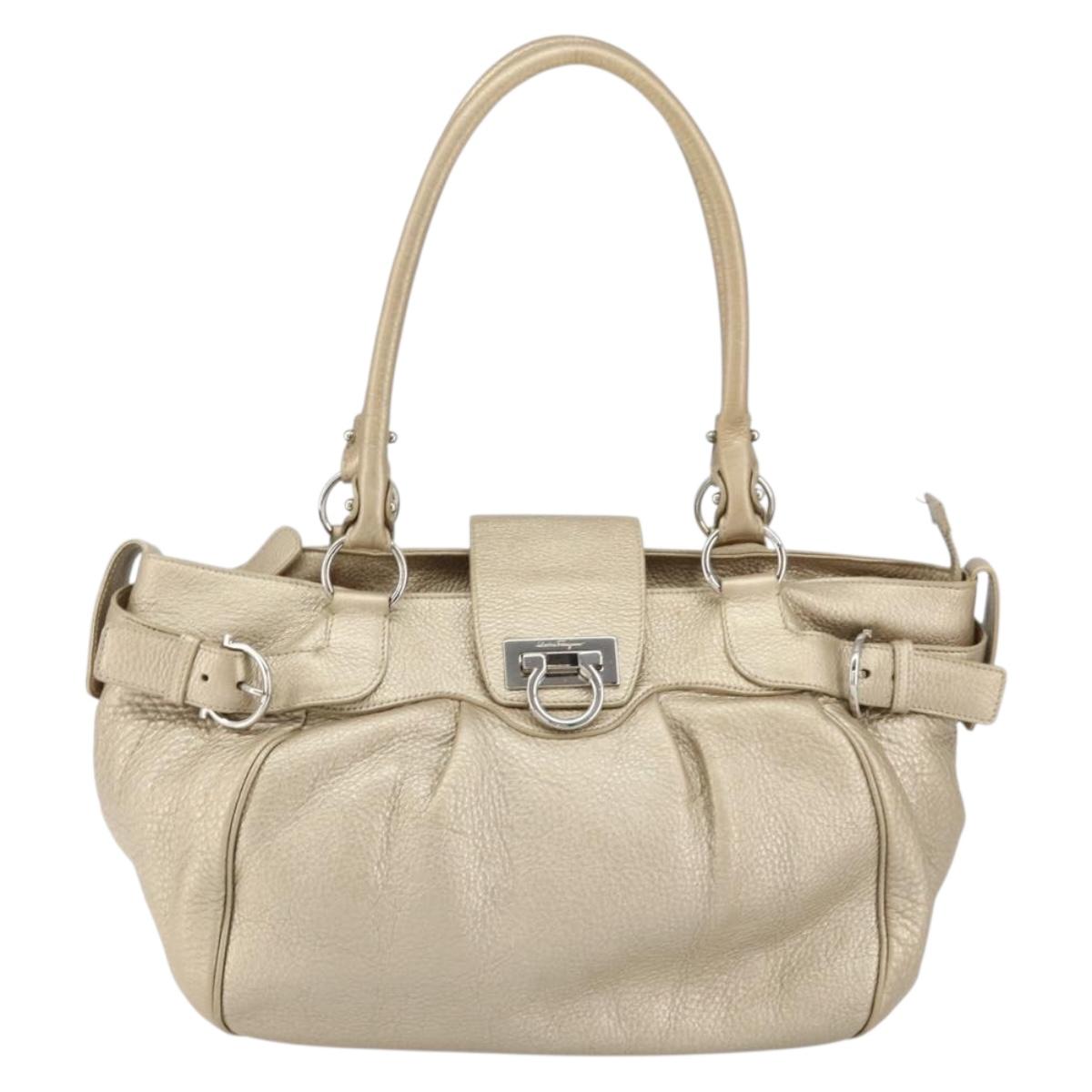 Salvatore Ferragamo Gancini Hand Bag Leather Gold Auth 154680