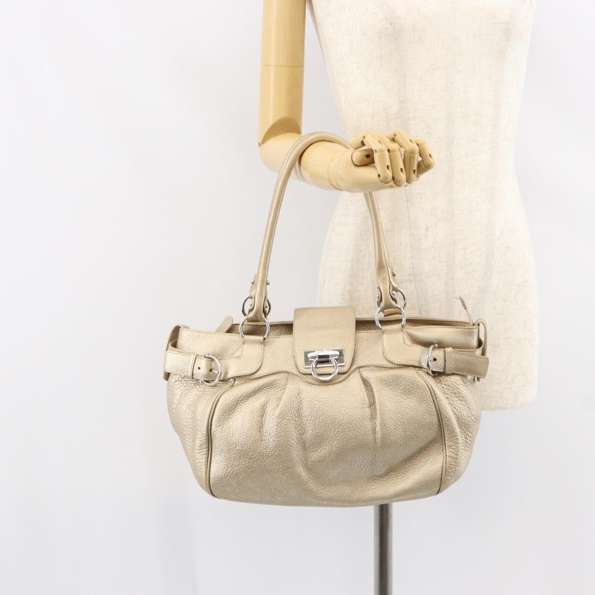 Salvatore Ferragamo Gancini Hand Bag Leather Gold Auth 154680