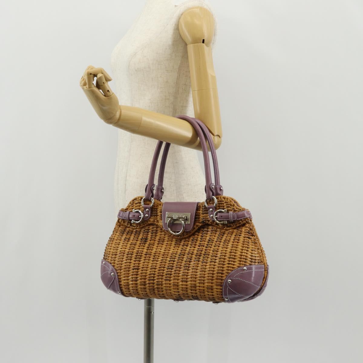 Salvatore Ferragamo Gancini Hand Bag Rattan Beige Silver Auth 154682V