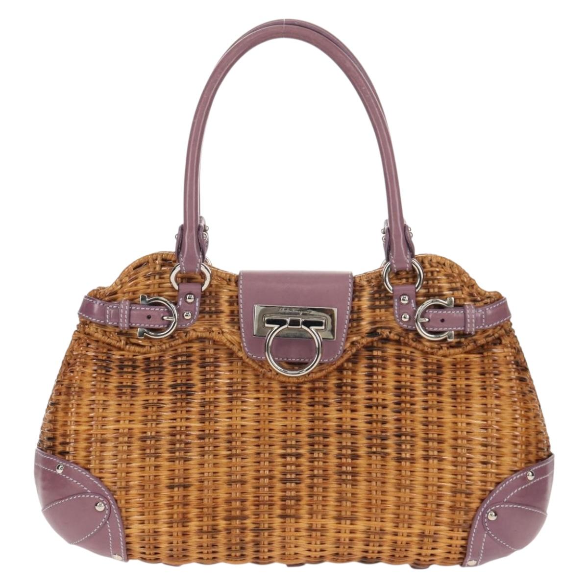 Salvatore Ferragamo Gancini Hand Bag Rattan Beige Silver Auth 154682A