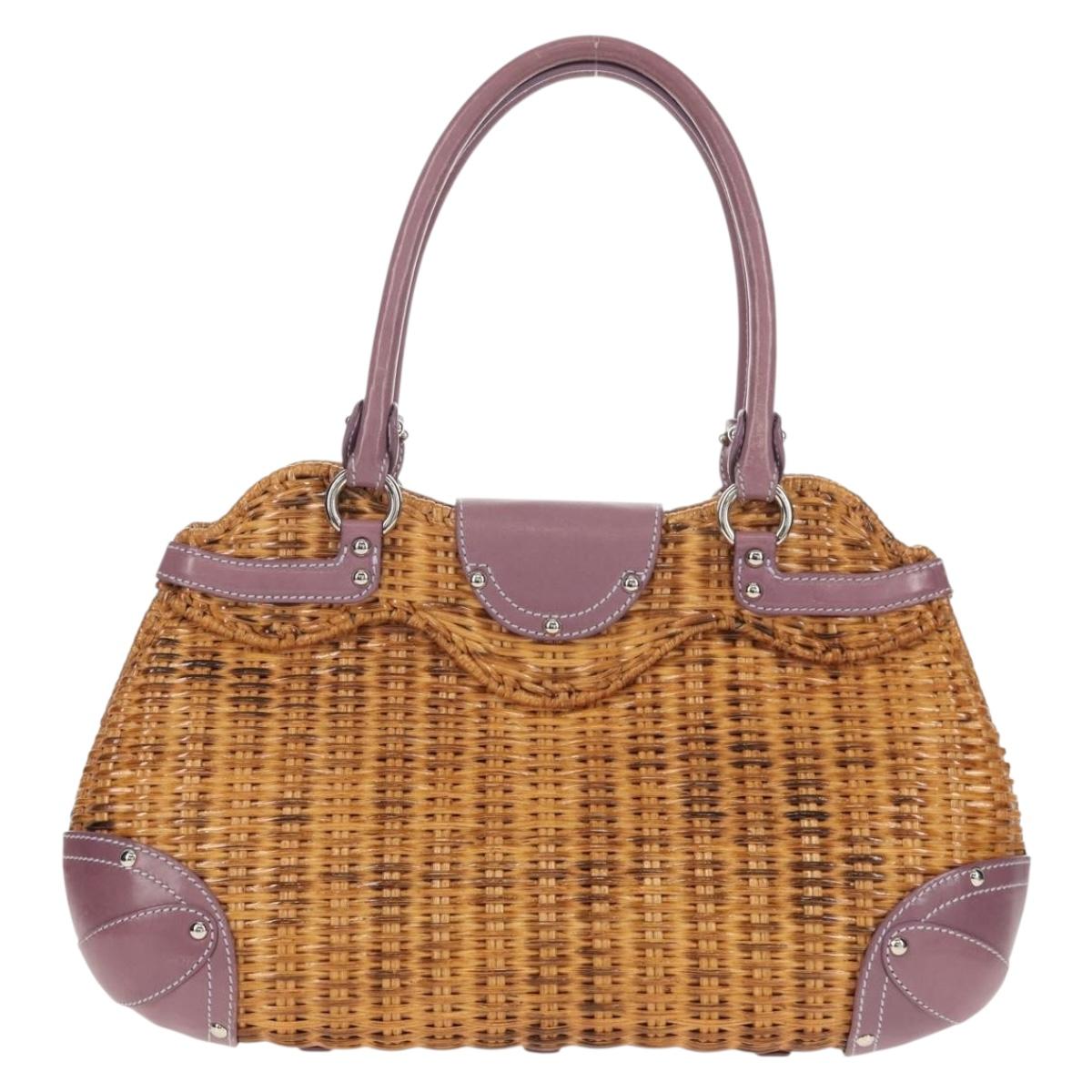 Salvatore Ferragamo Gancini Hand Bag Rattan Beige Silver Auth 154682A