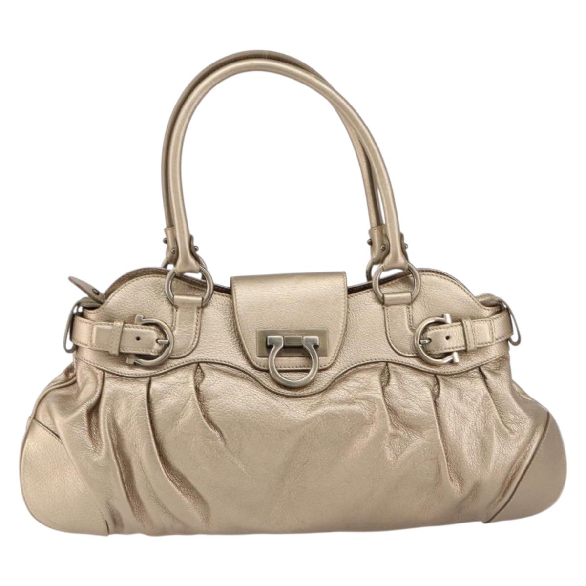 Salvatore Ferragamo Gancini Hand Bag Leather Gold Auth 154684