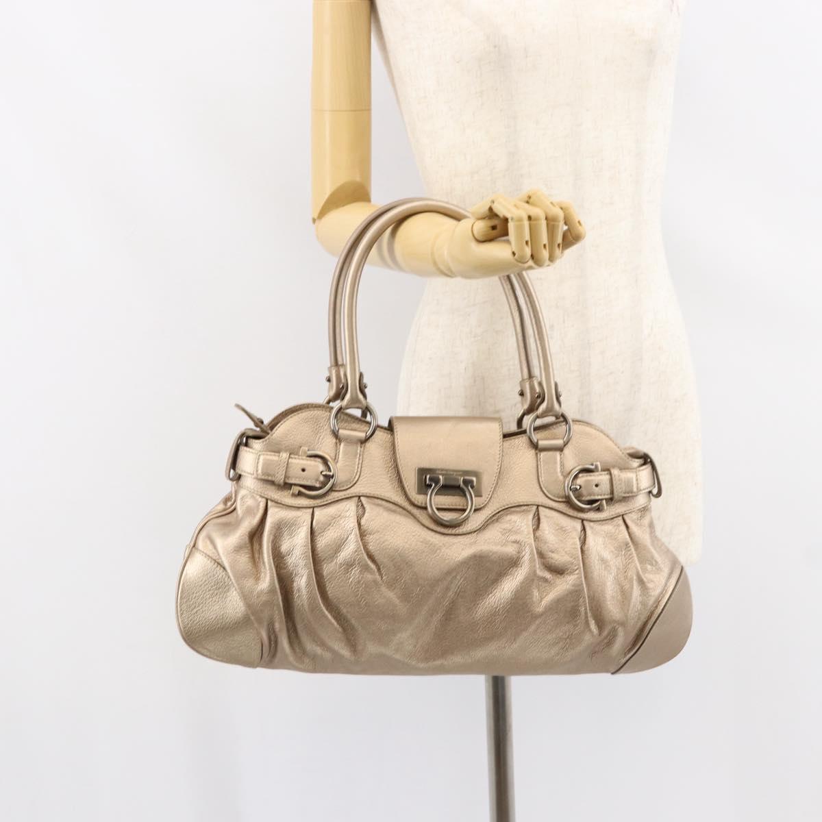 Salvatore Ferragamo Gancini Hand Bag Leather Gold Auth 154684