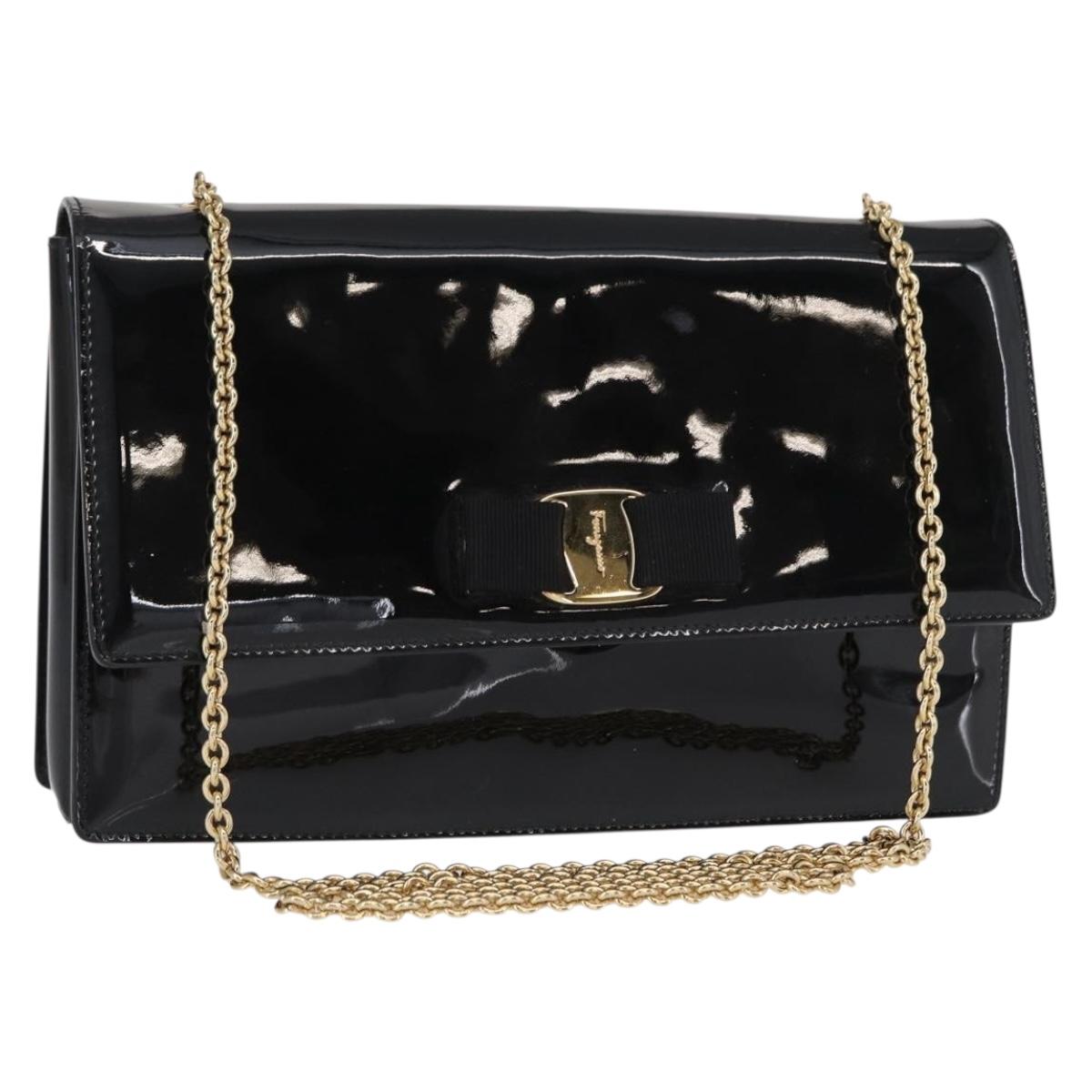 Salvatore Ferragamo Vala Chain Shoulder Bag Enamel Black Gold Auth 154685