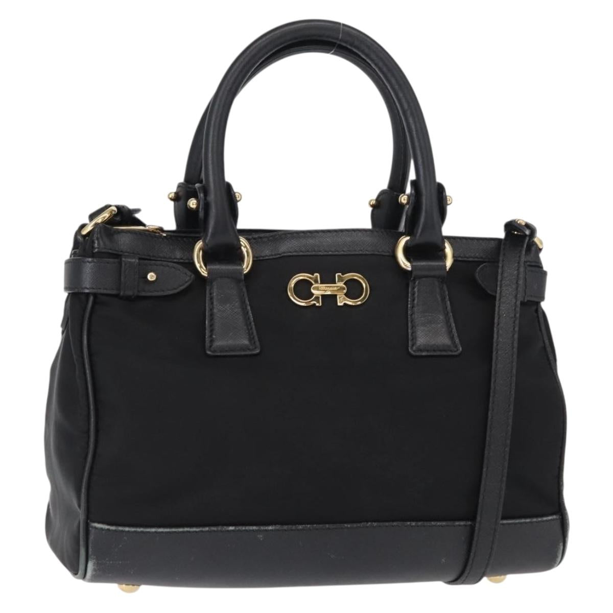 Salvatore Ferragamo Gancini Hand Bag Nylon 2way Black Gold Auth 154686