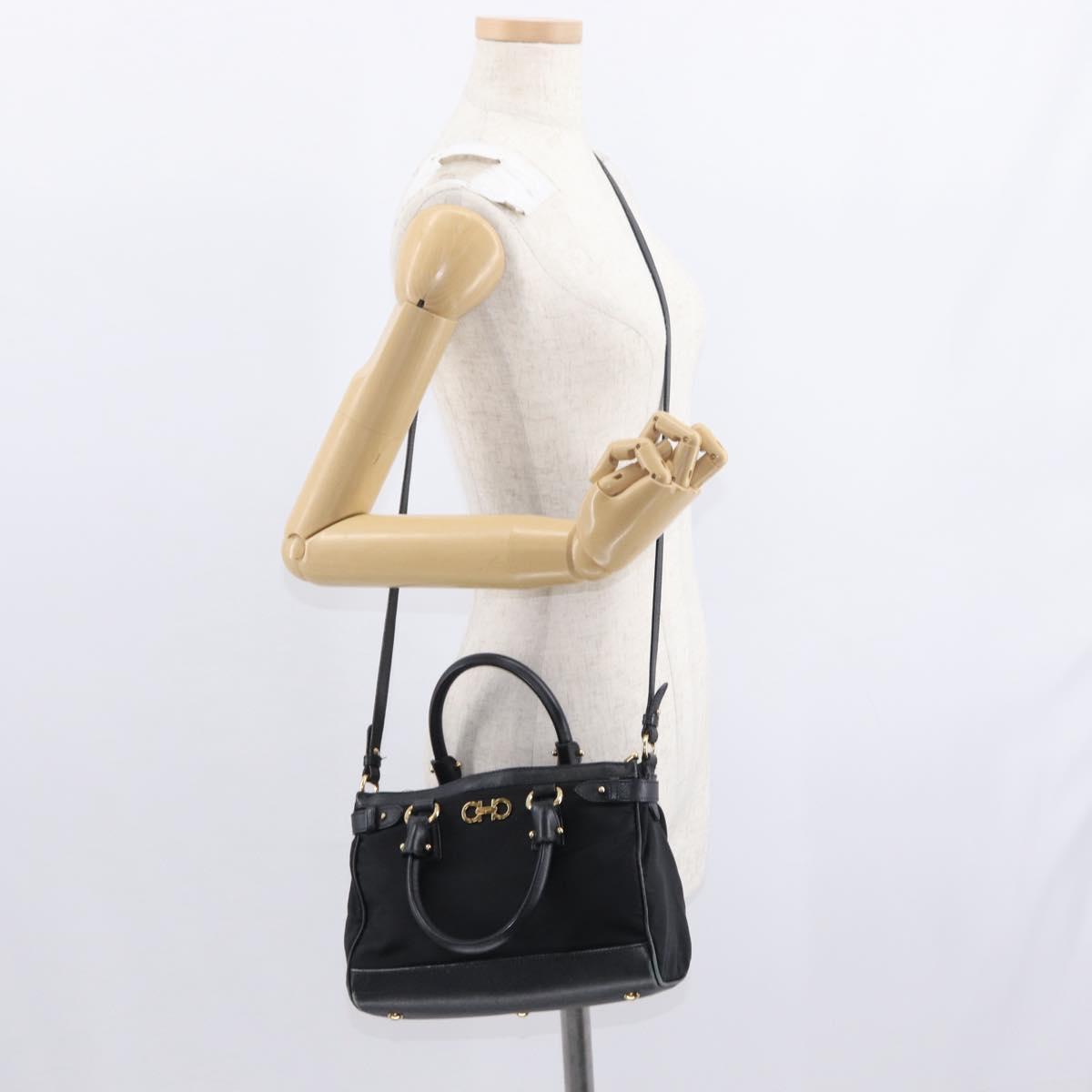 Salvatore Ferragamo Gancini Hand Bag Nylon 2way Black Gold Auth 154686
