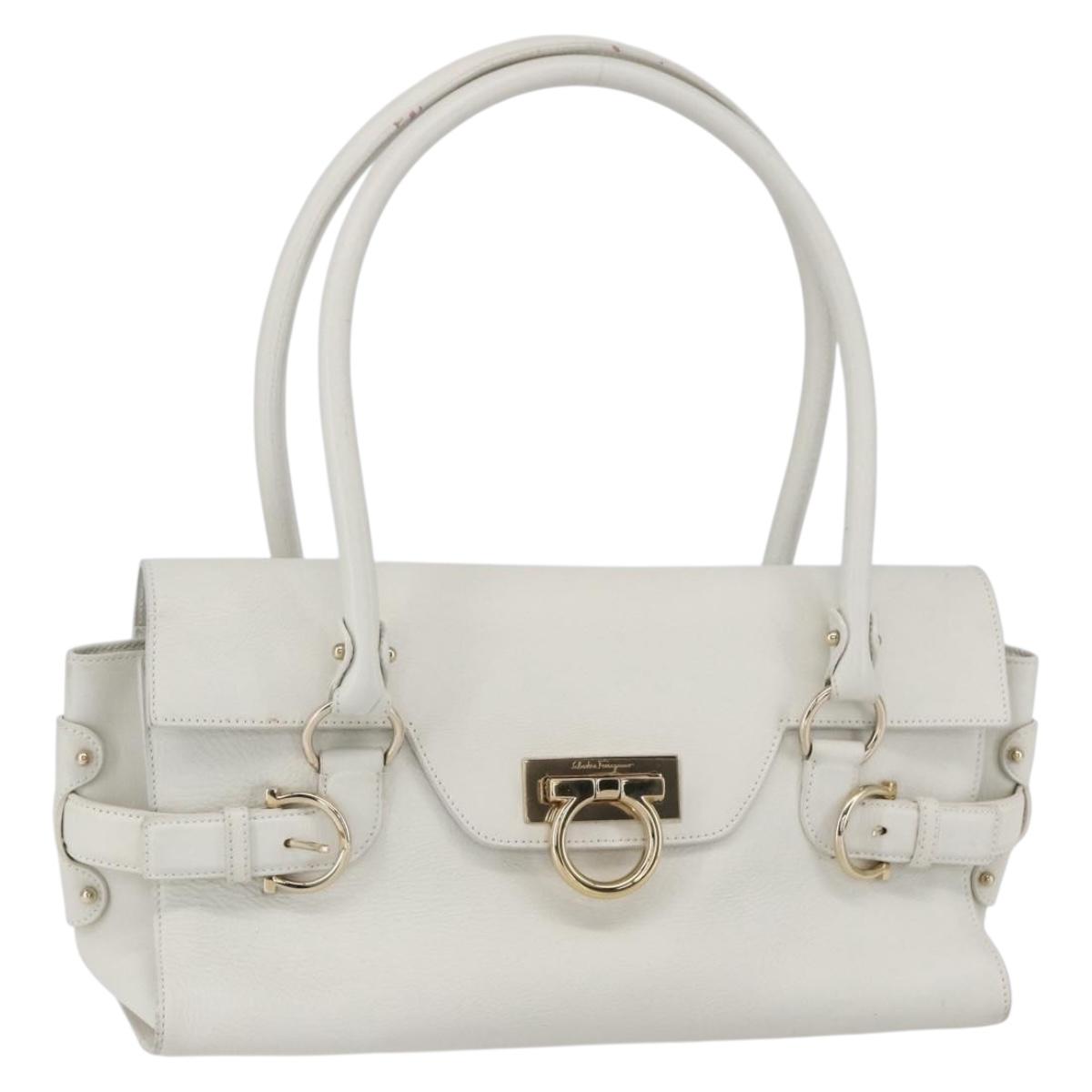 Salvatore Ferragamo Gancini Shoulder Bag Leather White Gold Auth 154689