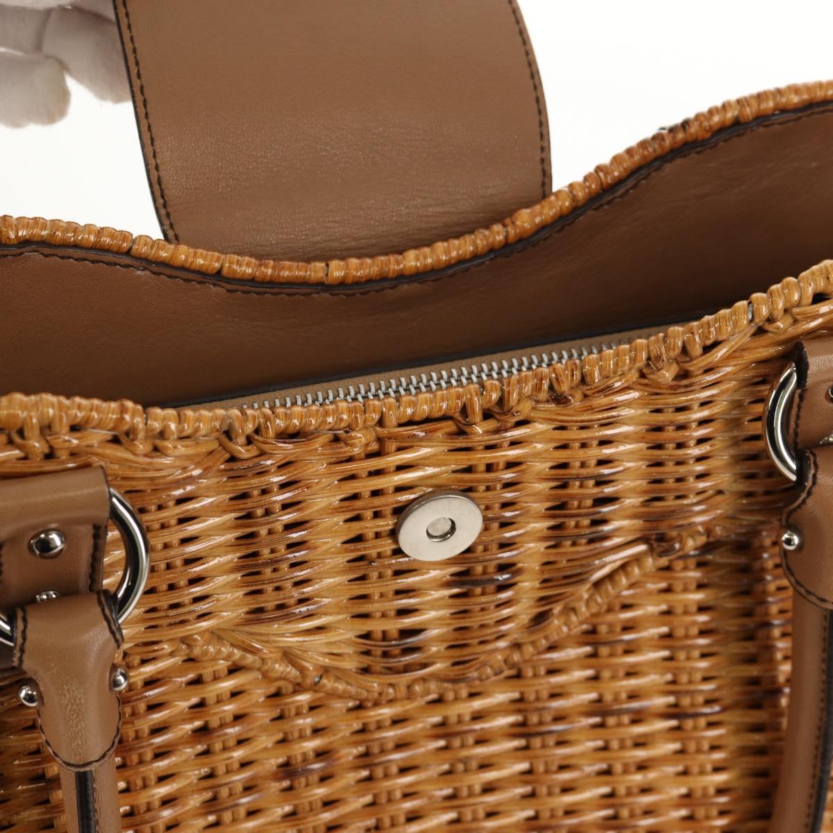 Salvatore Ferragamo Gancini Hand Bag Rattan Beige Silver Auth 154690A