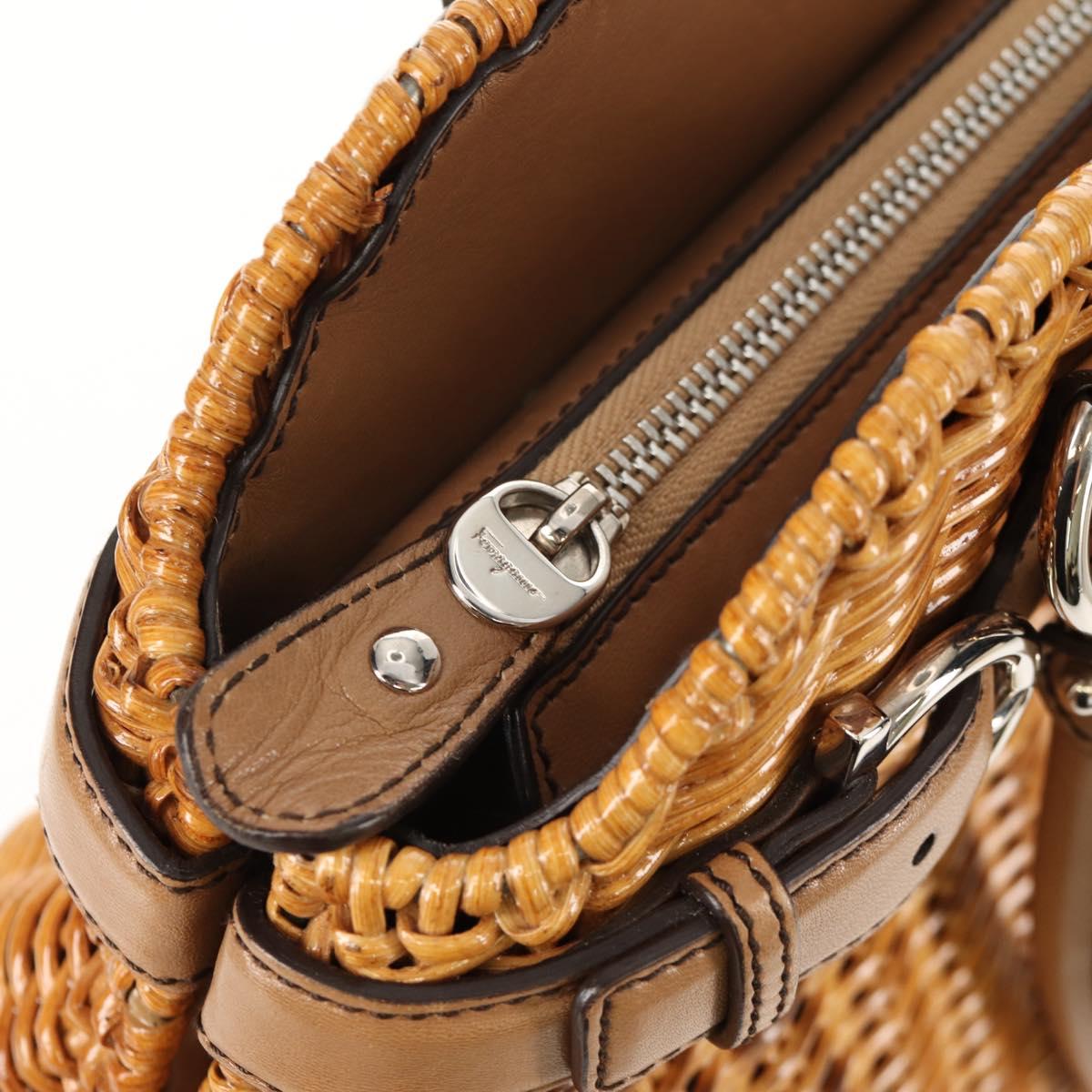 Salvatore Ferragamo Gancini Hand Bag Rattan Beige Silver Auth 154690A
