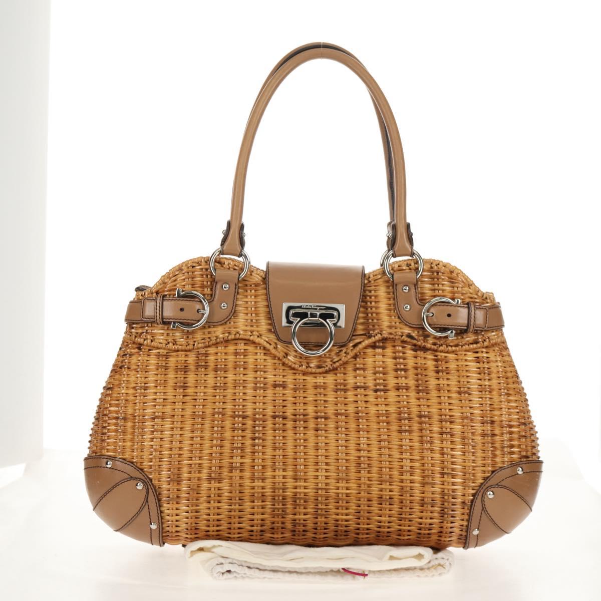 Salvatore Ferragamo Gancini Hand Bag Rattan Beige Silver Auth 154690V