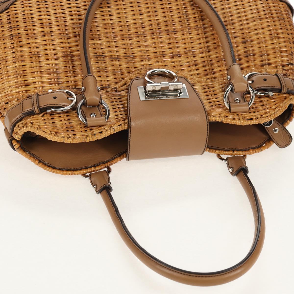 Salvatore Ferragamo Gancini Hand Bag Rattan Beige Silver Auth 154690V