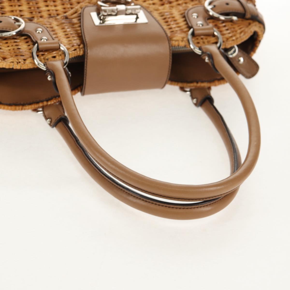 Salvatore Ferragamo Gancini Hand Bag Rattan Beige Silver Auth 154690V