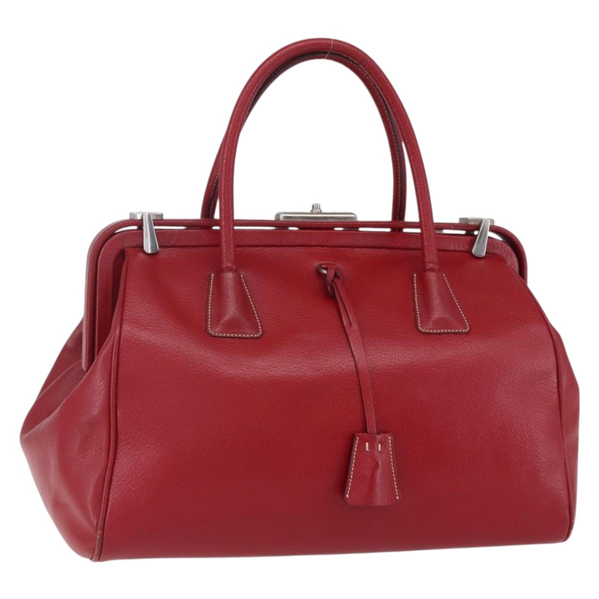 PRADA Hand Bag Leather Red Silver Auth 154691