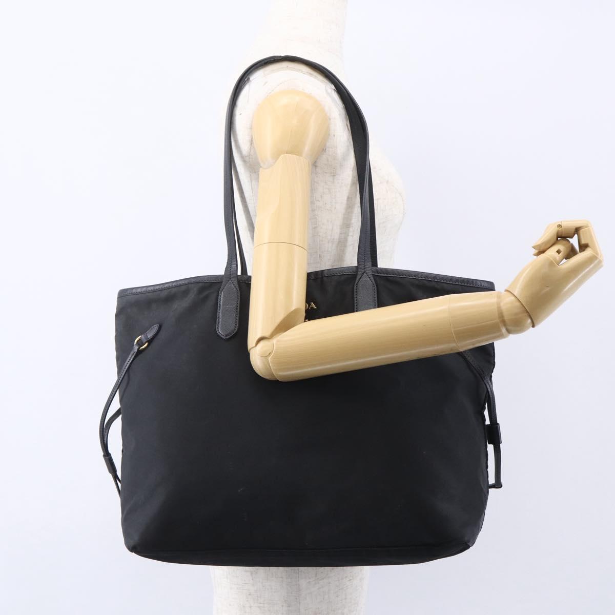 PRADA Tote Bag Nylon Black Gold Auth 154695