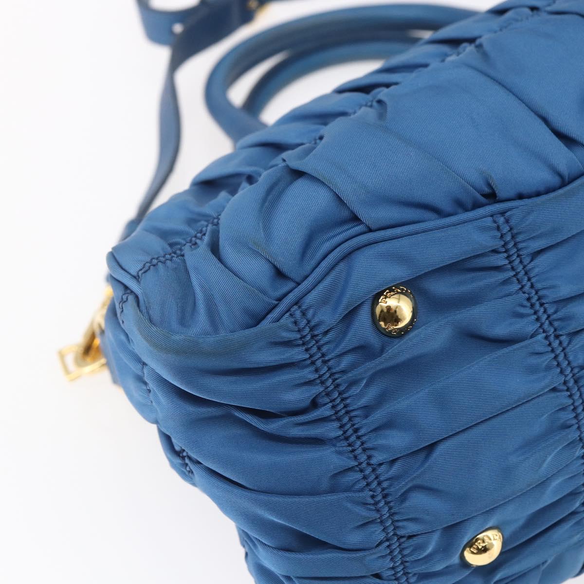 PRADA Gathered Hand Bag Nylon 2way Blue Gold Auth 154697
