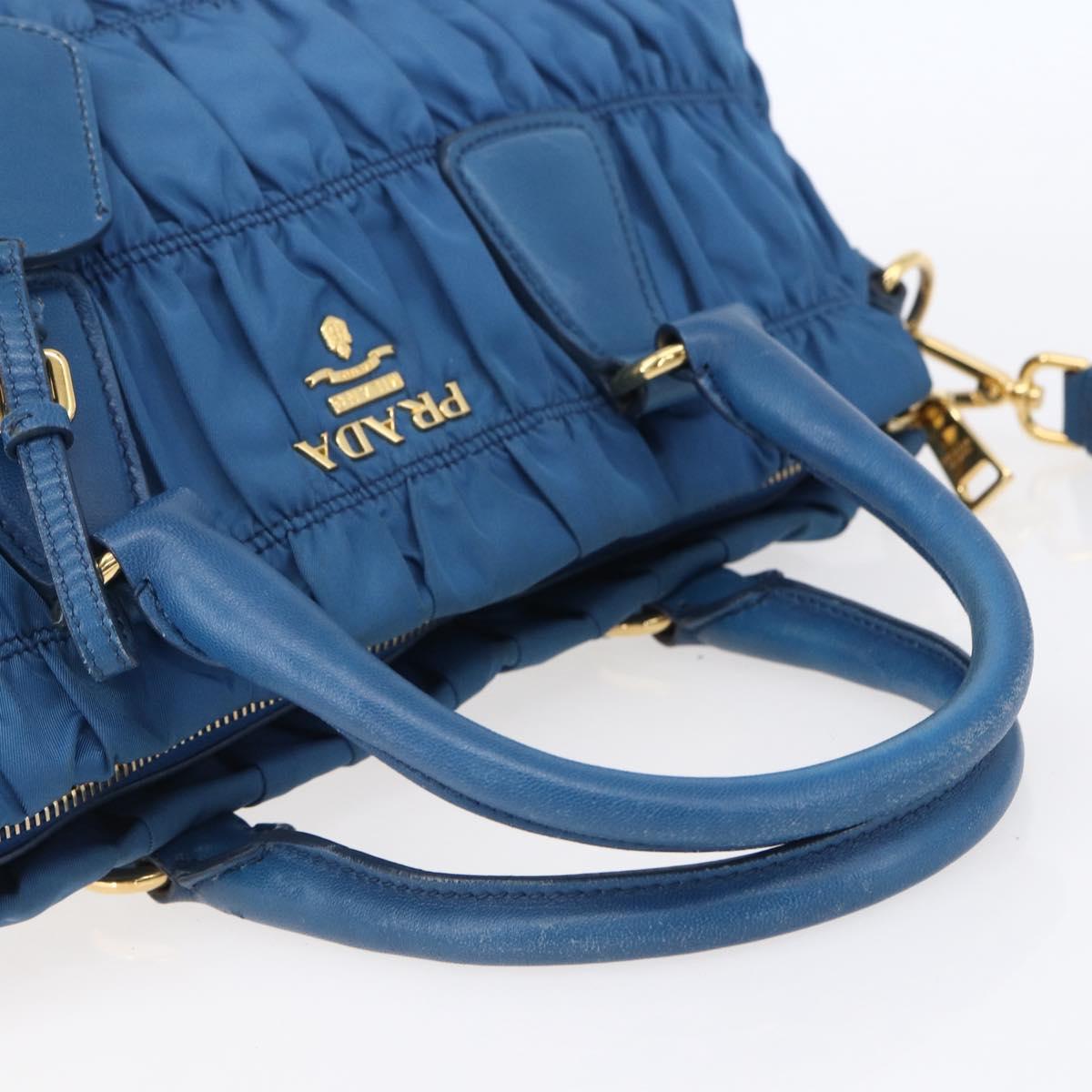 PRADA Gathered Hand Bag Nylon 2way Blue Gold Auth 154697